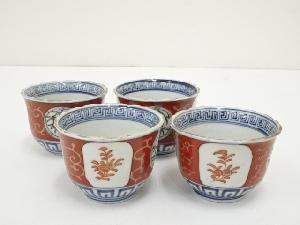 明治期　伊万里焼　錦草花窓絵向付4客